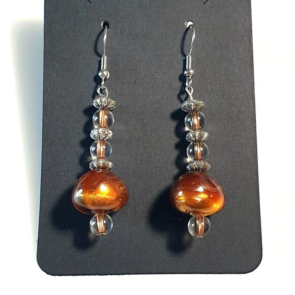 Glass Beaded Drop Earrings Dangle Hook Handcrafted Brown Round Beads Mom Gift - Picture 4 of 6